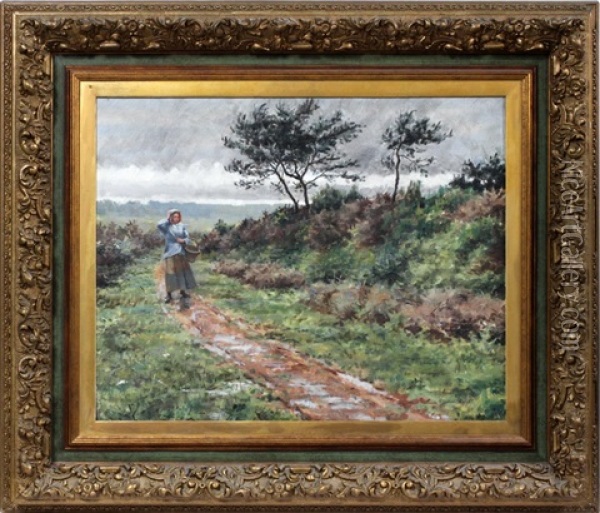 Young Girl In A Blue Coat Carrying A Basket On A Path Oil Painting - Louis Aston Knight