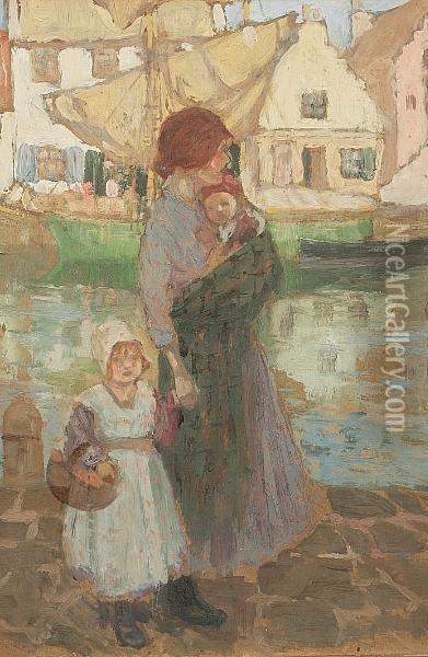 Mother And Children By A Fife Harbour, Probably Pittenweem Oil Painting - James Wright