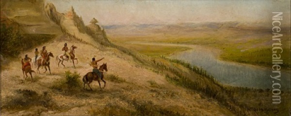 Indian Scouts Overlooking River Oil Painting - William de la Montagne Cary