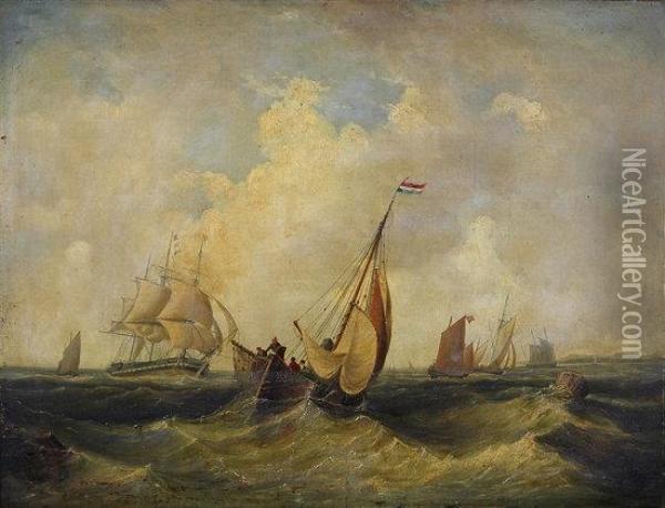 Dutch Fishing Boats And A Frigate In Choppy Sea Oil Painting - John Wilson Carmichael