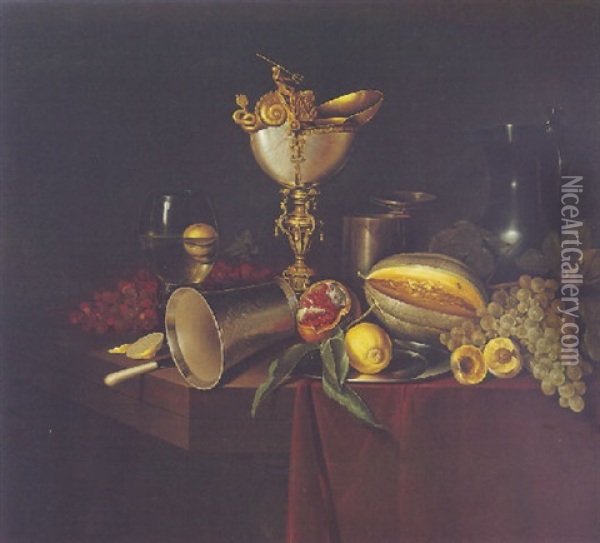 Still Life Of A Nautilus Shell, Silver Beaker, Tankard, Pewter Jug, Roemer And Fruit On A Partly Draped Table Oil Painting - Ambrosius Bosschaert the Younger