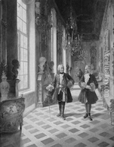 Friedrich Ii Im Gesprach Mit Voltaire, In Einer Seitengalerie Des Schlosses Sanssouci Wandelnd, Ein Diener Im Hintergrund Oil Painting - Georg Schoebel