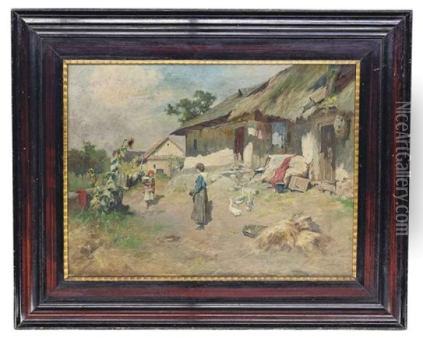 In The Farmyard Oil Painting - Antal (Laszlo) Neogrady