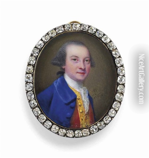 Sir Edward Dering, 6th Bt. (1732-1798), In Blue Coat, Gold-bordered Red Waistcoat, White Lace Cravat, Dark Hair Oil Painting - Nathaniel Hone the Elder