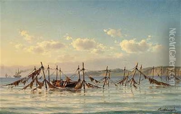Tidlig Morgen Ud For Fiskerleiet Humlebaek; Fiskere Rogte Bundgarn Oil Painting - Carl Emil Baagoe