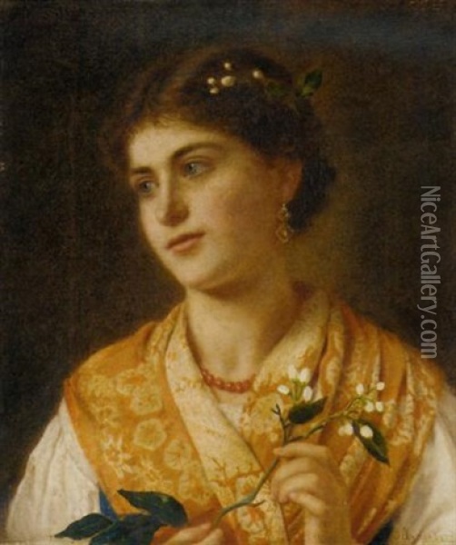 A Young Woman Holding A Sprig Of Orange Blossom Oil Painting - Sophie Anderson