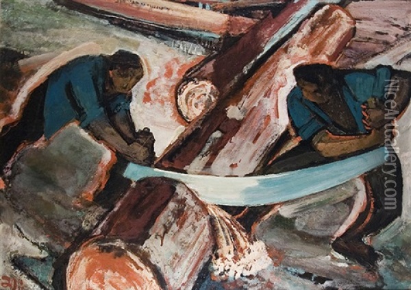 Wood Sawyer Oil Painting - Gustav Wiethuechter