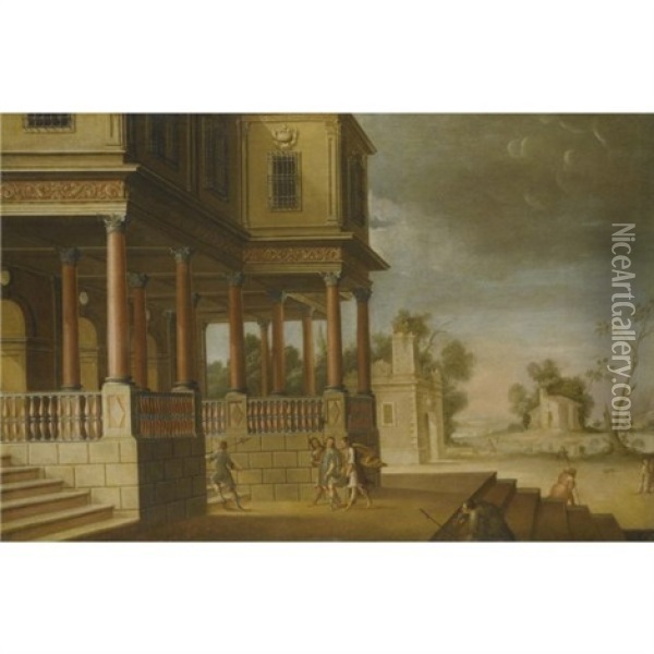 A Capriccio Landscape With Figures Returning To A Villa From The Hunt Oil Painting - Jose De Cieza