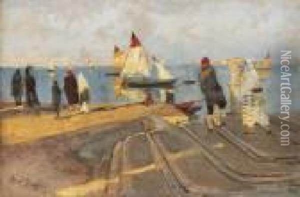 Figure Sul Molo. Chioggia Oil Painting - Mose Bianchi