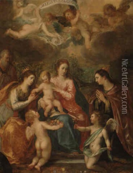 The Holy Family With St. Catherine Of Alexandria, Two Angels... Oil Painting - Hendrik van Balen the Elder