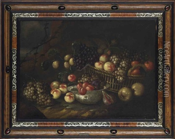 Grapes, Apples And Oranges In A Wicker Basket, With Pears, Figs And Peaches In A Porcelain Bowl, On A Bank In A Landscape Oil Painting - Jan Pauwel Gillemans The Elder