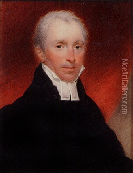 A Vicar, Wearing Black Robes And White Bands, Red Drapery Behind Oil Painting - Thomas Hargreaves