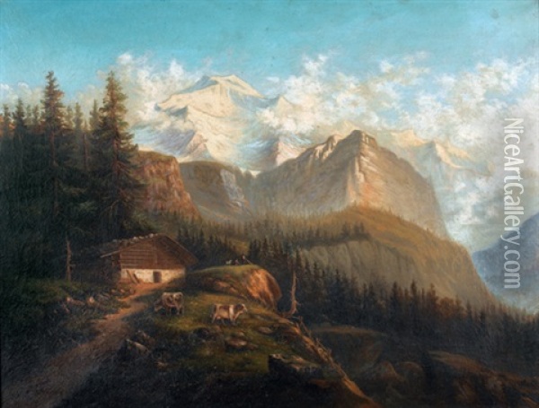 Sommerliche Ansicht Von Der Wengernalp Auf Die Jungfrau Oil Painting - Johannes von Kaenel