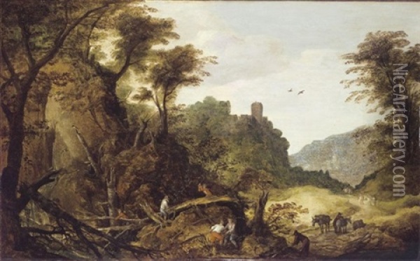 A Mountainous Landscape With Forresters, A Clifftop Castle Beyond Oil Painting - Joos de Momper the Younger