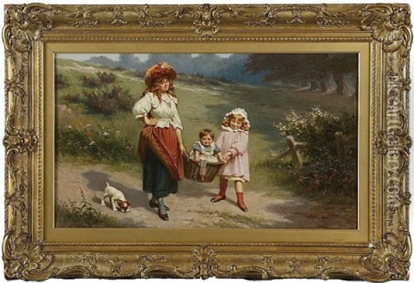 To Market To Buy A Fat Pig, Mother And Young Girl Carrying A Baby In A Basket Oil Painting - Edwin Thomas Roberts