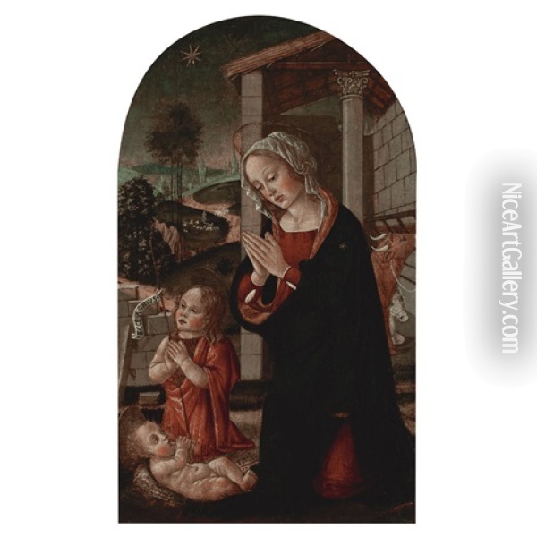 The Virgin And John The Baptist Adoring The Christ Child Oil Painting - Giovanni Battista Bertucci