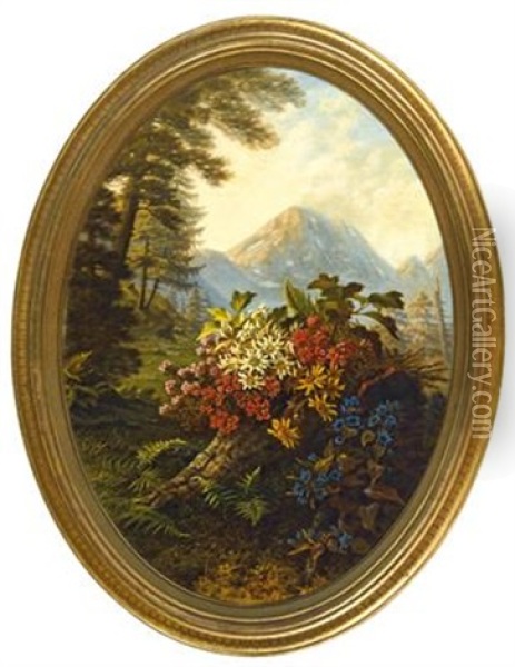 Berglandschaft Mit Alpenblumen Oil Painting - Pauline Halmrecte Flechner