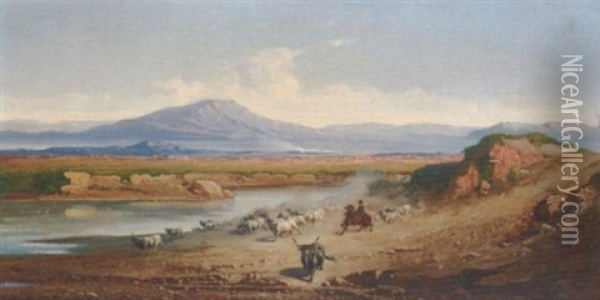 Herding Buffalo In The Roman Campagna Oil Painting - Carl Max Gerlach Quaedvlieg