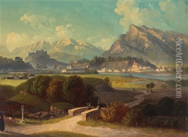 Blick Auf Salzburg Von Der Plainbrucke Oil Painting - Josef Mayr