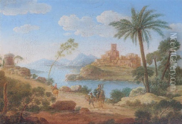 An Italianate Landscape With A Falconer On A Path Near A Classical Rotunda, An Island Town Beyond Oil Painting - Giacomo van (Monsu Studio) Lint