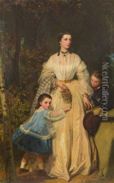 Full Length Portrait Of Mary Fothergill And Her Children Richard And Mary Oil Painting - James Sant