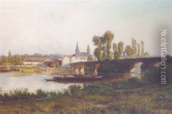 Barges On A River With A Town Beyond Oil Painting - Godefroy de Hagemann