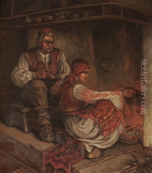 Old Man With A Girl By Fireplace Oil Painting - Frantisek Cermak
