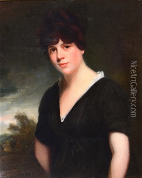 Portrait Of Miss Sarah Hovell, Half Length, Wearing A Black Dress With White Lace Chemise Oil Painting - Sir John Hoppner