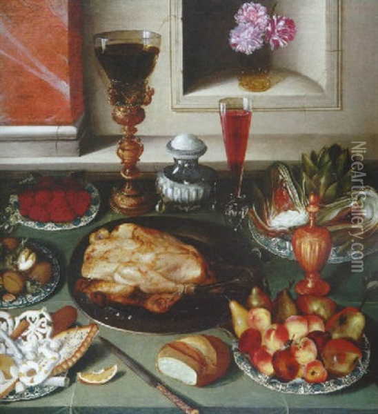 Nature Morte Aux Fruits, Friandises, Orfevrerie Et Deux Verres Sur Un Entablement Oil Painting - Osias Beert the Elder