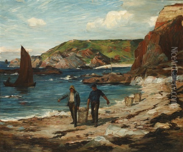 A Scottish Cove, With Fishermen On The Beach Oil Painting - James Alfred Aitken