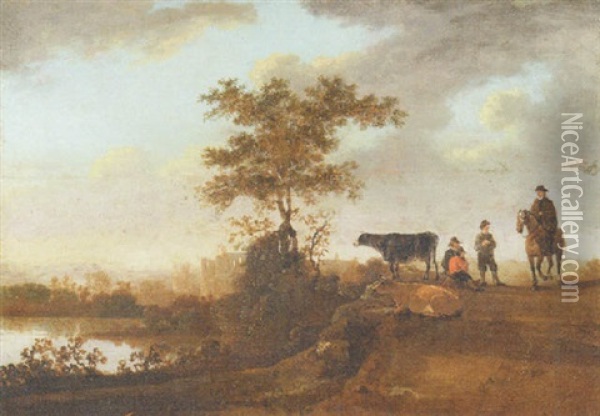 A River Landscape With A Gentleman On Horseback And Cows On A Track Oil Painting - Aelbert Cuyp