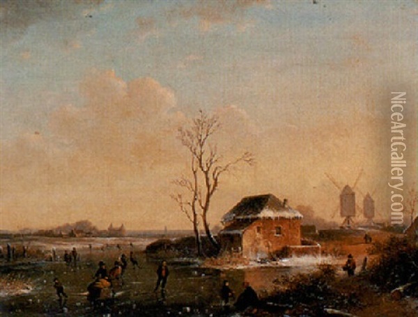 A Landscape With Skaters On A Frozen River Oil Painting - Francois-Etienne Musin