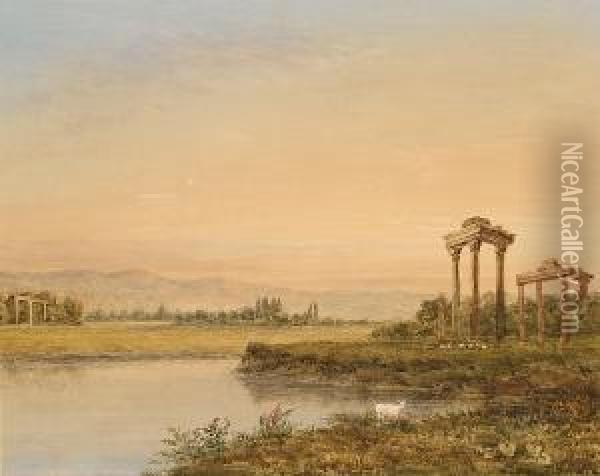 An Italian Landscape With Classical Ruins Oil Painting - George Jnr Barrett