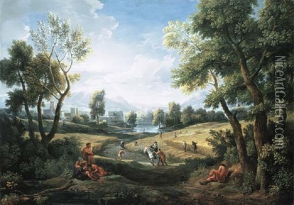 An Extensive River Landscape With Peasants During The Harvest, A Lakeside Town Beyond (in Collab. W/placido Costanzi) Oil Painting - Jan Frans van Bloemen
