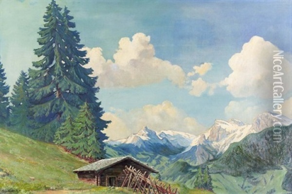 Sonnige Alpenlandschaft Mit Kleiner Holzhutte Oil Painting - Emil Cardinaux
