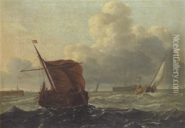 Marine: Fischerboote Und Zweimaster Auf Bewegter See Vor Der Hafenstadt Oil Painting - Ludolf Backhuysen the Elder