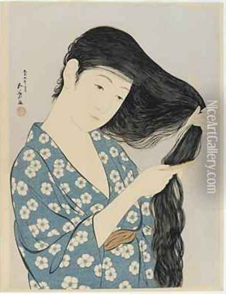 Woman combing her hair Oil Painting - Goyo Hashiguchi