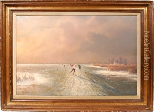 Winter Landscape With Ice Skaters Oil Painting - Jacobus Leonardus Van Der Meide