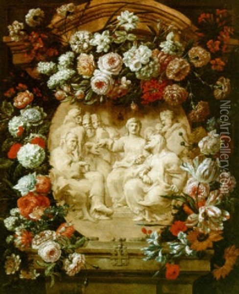 A Flower Garland Surrounding A Stone Cartouche Representing Christ And The Scribes Oil Painting - Jan-Baptiste Bosschaert