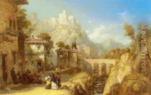 A Mediterranean Landscape with Villagers Oil Painting - James Webb