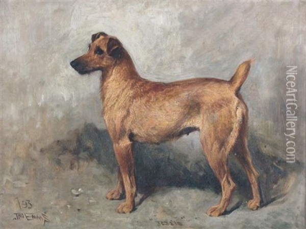 Jessie, A Terrier, In A Landscape Oil Painting - John Emms