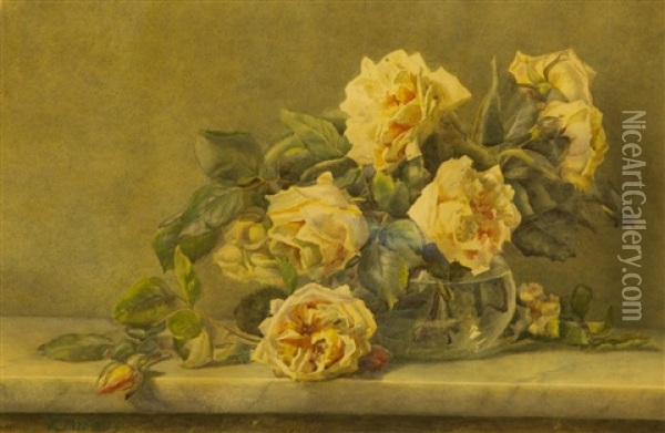 Still Life, Roses In A Glass Bowl, On A Marble Ledge Oil Painting - Victoria Dubourg Fantin-Latour