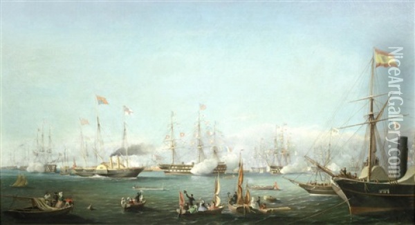 The New Royal Yacht Victoria & Albert (ii) Arriving At Boulogne For Queen Victoria's Second State Visit To France, 18th August 1855 Oil Painting - Louis Bentabole