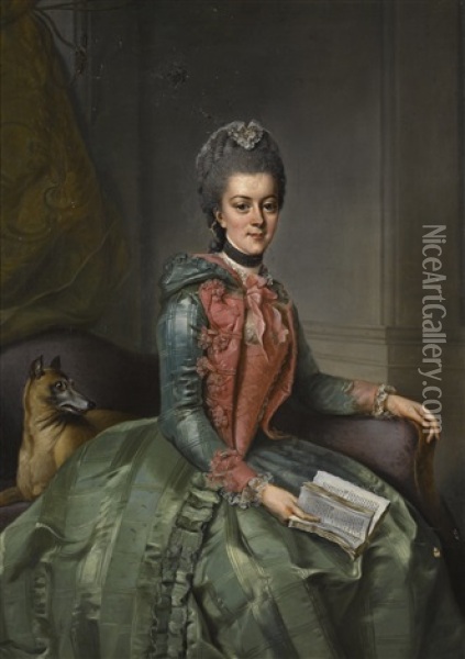 Portrait Of Frederika Sophia Wilhelmina Of Prussia, Princess Of Orange (1751-1820), Three-quarter-length Seated, In A Green Dress With Red Bodice, Holding An Open Book, With Her Dog Oil Painting - Johann Georg Ziesenis