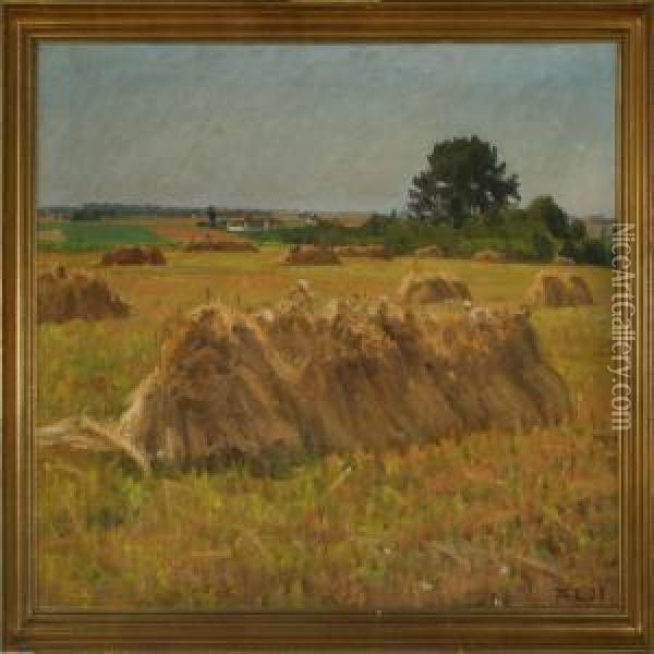 Landscape With Haycocks Oil Painting - Thorvald Larsen