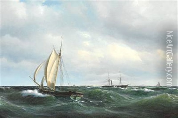 Stormfuld Eftermiddag I Skagerak. En Dansk Jagt Og Forskjellige Skibe Passere Skagen Oil Painting - Vilhelm Melbye