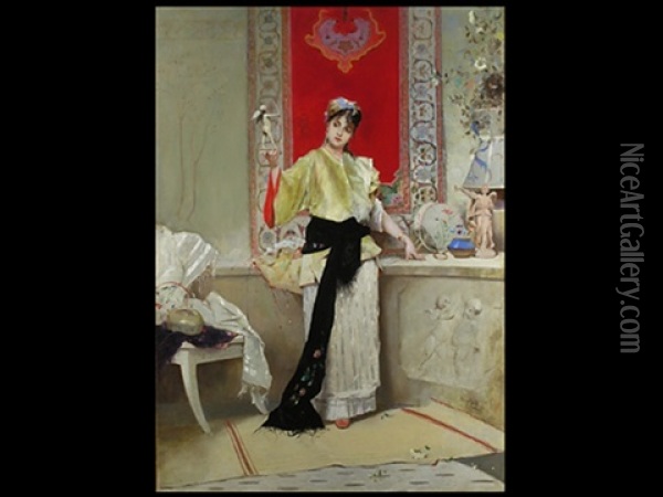 Junge Dame Beim Betrachten Von Kunstwerken Oil Painting - Emile Auguste Pinchart