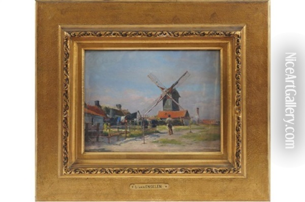 A Town With A Windmill Oil Painting - Louis Van Engelen