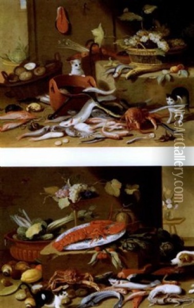 Chats Jouant Avec Du Poisson Oil Painting - Jan van Kessel the Younger