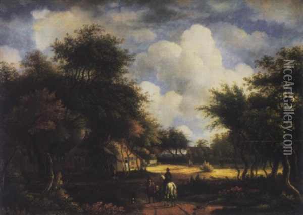 A Wooded Landscape With Travellers On A Path, A Cottage Beyond Oil Painting - Meindert Hobbema